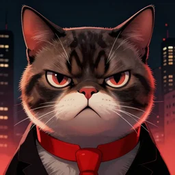 artgerm, joshua middleton comic cover art, grumpy cat, red collar, symmetrical eyes, symmetrical face, dark city background, cinematic lighting