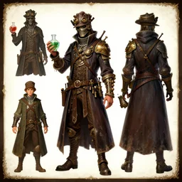 turnaround!!! character design turnaround sheet, color concept art, front side back multiview, steampunk plague doctor holding potion by artgerm, wlop, greg rutowski, mark ryden