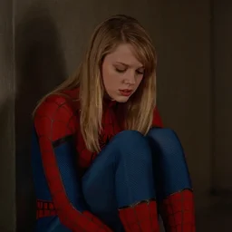 tailor swift as spiderman ( 2002 ), cinestill 800t, cinematic shot, sad scene