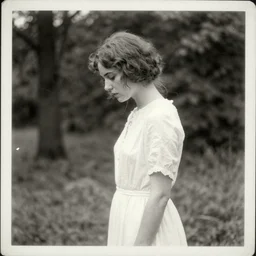 a double exposure of a beautiful side view portrait from above of a solemn young woman looking down, apparition, ghostly, white dress, with a landscape photo of a forest, scratched photo, damaged edges, old, black and white damaged photo, 1 9 2 0 s
