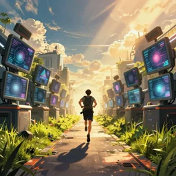 cyberpunk concept showing a man running along a futuristic path full of monitors, cinematic view, epic sky, detailed, concept art, low angle, high detail, warm lighting, volumetric, godrays, vivid, beautiful, trending on artstation, by jordan grimmer, huge scene, grass, art greg rutkowski
