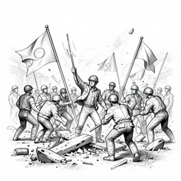 technical drawing of an political revolution, chaos and destruction