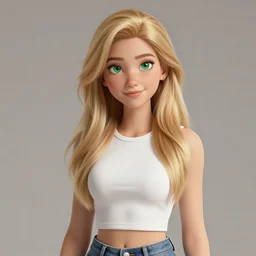 Portrait of a Blonde Girl, Young Beautiful Face, Green Eyes, Freckles, Wearing a white crop-top and jeans, with a subtle smile, Detailed, 8K, Epic, Charming, Character, Octane Rendering, Hyper Realistic