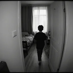 scary kid walking inside a bedroom night time, dashcam footage, black and white, security cam