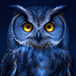 blue night lighting, cgsociety, symmetrical, alphonse mucha, highly detailed, album cover art, sharp focus, art by greg rutkowski, bright golden eyes in the night, closeup portrait of a gray owl, concept art, artstation, cinematic lighting, digital painting, illustration