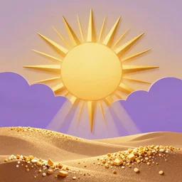 rising sun burst gold rays dawn purple clouds sand gold salt crystals sharp detail 3d render simple background graphic ultra simplified fai khadra gaika style
