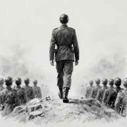 pencil art, distant shot, realistic, cinematic, hyper detailed, smooth, hero walking up to the army to fight a war.