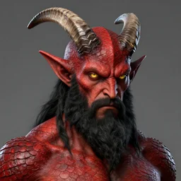 dnd render of a male tiefling, red scales, a big black beard, completely golden eyes, 1 curved horn growing out of his forehead, one broken horn growing out of his forehead,