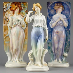 3 d meissen female figurine in a button up shirt and skirt, soft transitions, mixed media, in the art style of alphonse mucha and claude monet and gustav klimt