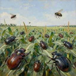 strange giant insects, beetles, spiders and flies, swarming in a cornfield, oil painting by max ernst and anselm kiefer, decay, mixed media, textured, sharp focus, highly detailed, photographic emulsion cracked and peeling, rust, cinematic lighting, 8 k, hd