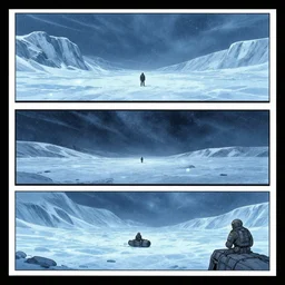 no border 3 panel graphic novel layout frozen tundra cryogenic tears of hyperspace loneliness futuristic small unit tactics behind enemy lines littoral combat photorealistic graphic novel layout by michael komarck, greg rutkowski, victo ngai, artgerm, willem claesz heda and j. dickenson roger deakins john seale syd mead