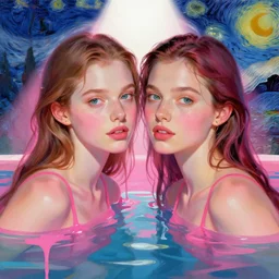 portrait of two beautiful girls, intimate, vibrant shades of pink, beautiful face, rule of thirds, swimming, spotlight, drips of paint, by greg rutkowski, by jeremy mann, by francoise nielly, by van gogh, digital painting