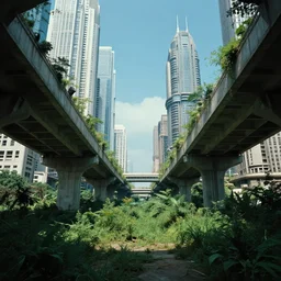 overgrown futuristic cityscape located under a bridgeway, world seen only through a portal, daylight, cinematic perspective, cinematic lighting, blue sky, syd mead, john harris, symmetrical