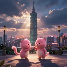 film still from a pixar movie about a pink cat causing trouble in taipei