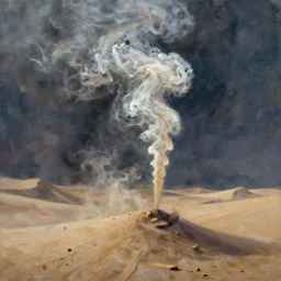 from wastes of sand one smoke plume rises sheer, abstract, dramatic lighting, oil painting, by zhao wuji