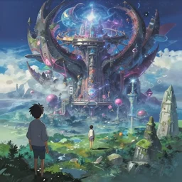 a painting of a beyond - dimensional fantasy world, reality infused with dreams, in a screenshot from the science fiction anime film by makoto shinkai