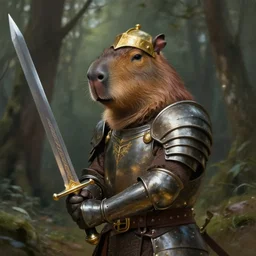 photo of a humanoid warrior with capybara head dressed in armor with a golden helmet on the head, hold sword in the forest, highly detailed, digital painting, artstation, smooth, sharp focus, illustration, art by artgerm and greg rutkowski and alphonse mucha