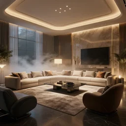 luxury livingroom with a car, unreal engine render. lightning, cinematic lighting, fog. john berkey, peder balke, john watkiss, and paul gustav fischer.
