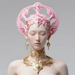 studio portrait of a beautiful flawless symmetrical man wearing intricate otherworldly gold and white jewelry and wearing an ornate elegant pink headdress, very detailed, octane render, photorealism, minimalism, abstract art, retrofuturism, f / 2. 8, digital art, on artstation