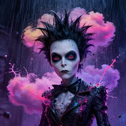 splashes of neon clouds, mowhawk, punk portrait made out of paint with rain in the background, trending on artstation, epic composition, emotional, beautiful, rendered in octane, highly detailed, realistic, tim burton comic book art, sharp focus, matte painting, unreal engine