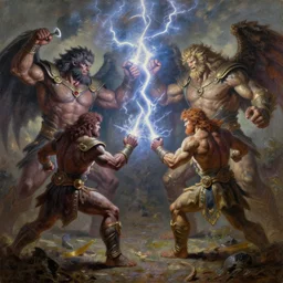 of giants fighting using lighting as weapons, oil painting, highly detailed, professional art n - 3