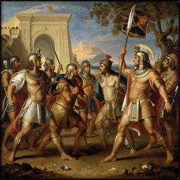 Aztec warriors conquering spain, a baroque style painting