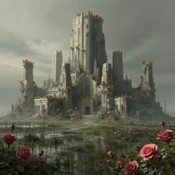 Brutalist citadel in a desolate swamp over grown with Roses, floral theme, created by Ruxing Gao, environment art, landscape art, artstation, incredibly detailed matte painting, concept art,