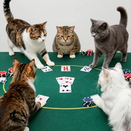 Cats playing poker, in the style of Dogs playing poker