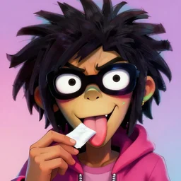 a colorful vibrant closeup portrait of Gorillaz licking a tab of LSD acid on his tongue and dreaming psychedelic hallucinations, by kawase hasui, moebius, Edward Hopper and James Gilleard, Zdzislaw Beksinski, Steven Outram colorful flat surreal design, hd, 8k, artstation