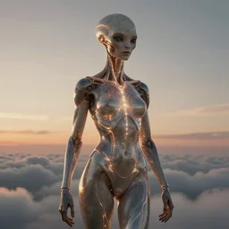 biblical beautiful alien female android, bright glowing veins, in clouds, sunset, portrait, studio light, by gerald brom, by peter elson, muted colors, extreme detail, reflections, trending on artstation, 8 k