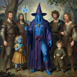 a blue-skinned wizard by Aenami, Alena, by Bowater, Charlie, by Brom, Gerald, by Ciurlionis, Mikalojus Konstantinas, by Ejsing, Jesper, by Giancola, Donato, by Kuvshinov, Ilya, by Lossel, Yoann, by Swanland, Raymond, by Caravaggio, trending on ArtStation, masterpiece