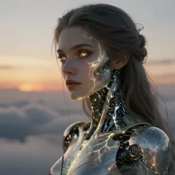 biblical shy beautiful female mage android robot spells, heavy eyes to the side, closeup, bright glowing veins, in clouds, sunset, portrait, by gerald brom, by mikhail vrubel, by peter elson, muted colors, extreme detail, reflections, trending on artstation, 8 k