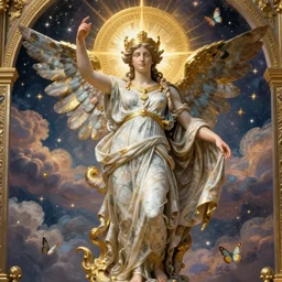 tarot saint Woman Venus Athena beautiful gracious pagans baroque marble and gold in space sistina stars clouds winged butterflies