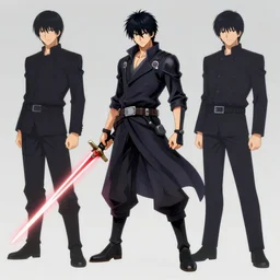 individual character design art, laser sword otaku assassin character, by shigeto koyama and yusuke kozaki and joji morikawa