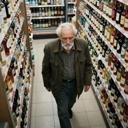 old man walking in liquor store, security camera footage, cctv, high angle view,
