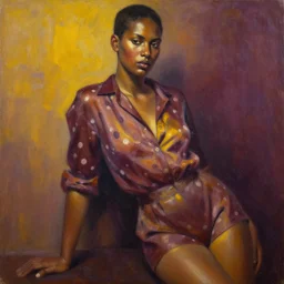 detailed portrait in femininity, ethnic, realistic face sculpted features, statuesque model leaning, modern fashion, polkadot shirt and shorts, warm glow, supple, bathed in light, chiaroscuro, specular highlights, angular impressionism, radiosity, plum and yellow color scheme, deep rich tones, contemporary art, oil on canvas