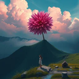 giant dahlia flower on - head, girl walking on mountain, surreal photography, pink storm clouds, dramatic light, impressionist painting, digital painting, artstation, simon stalenhag