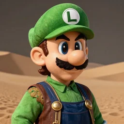 hyper realistic, realistic - anime, portrait, beautifully rendered, italian garb the future, dune, caricature, luis guzman as luigi wearing green, smirking deviously, luigi, luigi's nose, painted by gustave courbet, greg rutkowski, wlop, artgerm, dishonored 2,