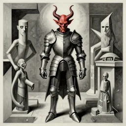 surrealist drawing painting of a demon with knight armor in the style of H.R. Giger and M. C. Escher