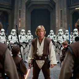 screenshot of the epic scene featuring Luke Skywalker with his class of jedi padawans, facing off against a sithtroopers, around Temple, iconic scene from 1980s film by Stanley Kubrick, 4k, cinematic still frame, surreal sci fi set design, photoreal, detailed face, moody lighting, stunning cinematography, hyper detailed, sharp, anamorphic lenses, kodak color film stock