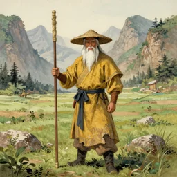 a chinese battle monk, wearing a faded dark yellow toga, straw hat, holding a long wooden staff that is perpendicular to the floor, long white beard, beautiful valley with a meadow and dozens of mountains, lots of shading, full body shot, drawn in the style of ken kelly - n 4