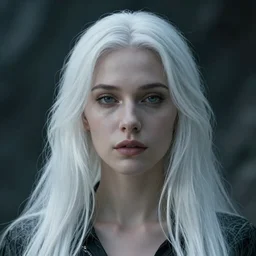 hyper - realistic photo portrait of a woman very beautiful jewish woman from the future, on her face, long white hair, the atmosphere from the movies : blade runner, alien cinematic,