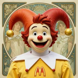 close up portrait of ronald mcdonald, court jester, yellow jumper with white collar by artgerm, cushart krenz, greg rutkowski, mucha. art nouveau. gloomhaven, golden arches logo, pale colors, sharp edges. ultra clear detailed. 8 k. elegant, intricate, octane render