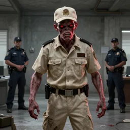 ( ( beige ) ) uniform and caps zombie ) anger officers ( background brutalist gray concrete office ) trending on artstation high detail digital painting 4 k 8 k hd accurate glow red shaded