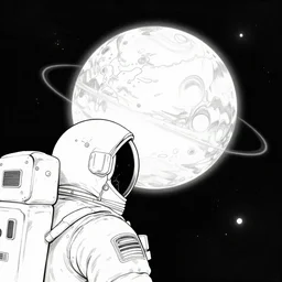 ink lineart drawing of a planet, looming over an astronaut's shoulder, wide angle, space background, artstation, style of junji ito, chinese brush pen, illustration, high contrast, deep black tones contour