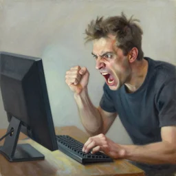 an angry man screams at his computer monitor, oil on canvas, 1 9 6 7, highly detailed