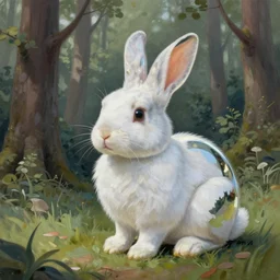a bunny made of mirrors in a forest. highly detailed painting by norman rockwell, rich colors, high contrast, gloomy atmosphere, dark background. trending on artstation