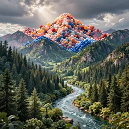 landscape with forest, river and mountains made from all kinds of balloons , concept art, huge scale, high detail, sci fi by James Jean