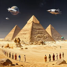 space pyramids surrounded by bowing worshipers on a desert planet, a sphinx and several aliens and spaceships by moebius