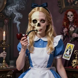 Alice in Wonderland,smoking a pipe,death tarot card,highly detailed,half skull face,cinematic,8k,by Stanley Artgermm,Tom Bagshaw,Greg Rutkowski,Carne Griffiths, Ayami Kojima, Beksinski, Giger,trending on DeviantArt,hyper detailed,horror, full of colour